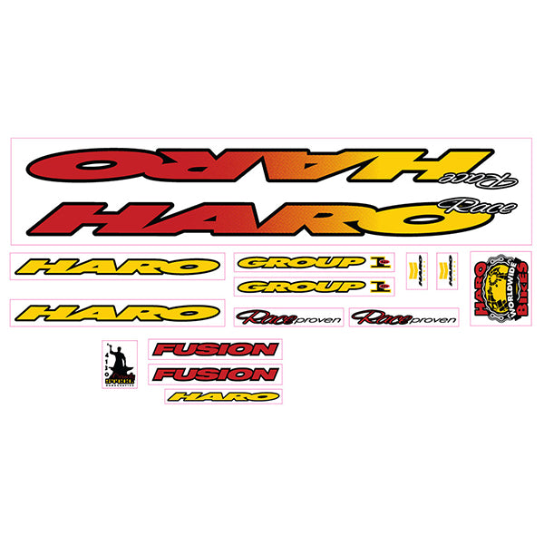 A set of decals and stickers for Haro Group 1 Si racing, featuring the word 'HARO' in red and yellow with black outlines, 'Group 1 Si' text, 'Race proven' branding, and a small logo on a white background.