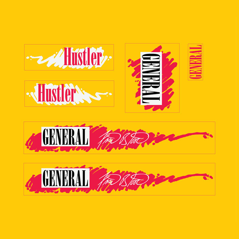 1986-1987-1988 General Hustler Fred Blood decals set BMX yellow frame 1